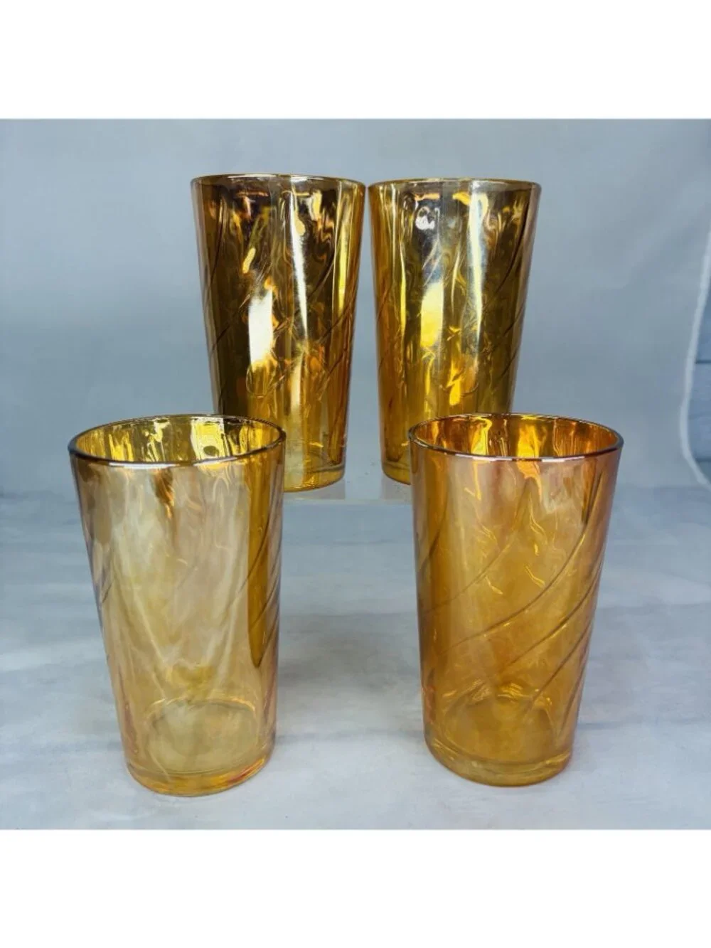 Optic Lusterware MARIGOLD SWIRL Iridescent Carnival 10oz Drinking Glasses Set 4